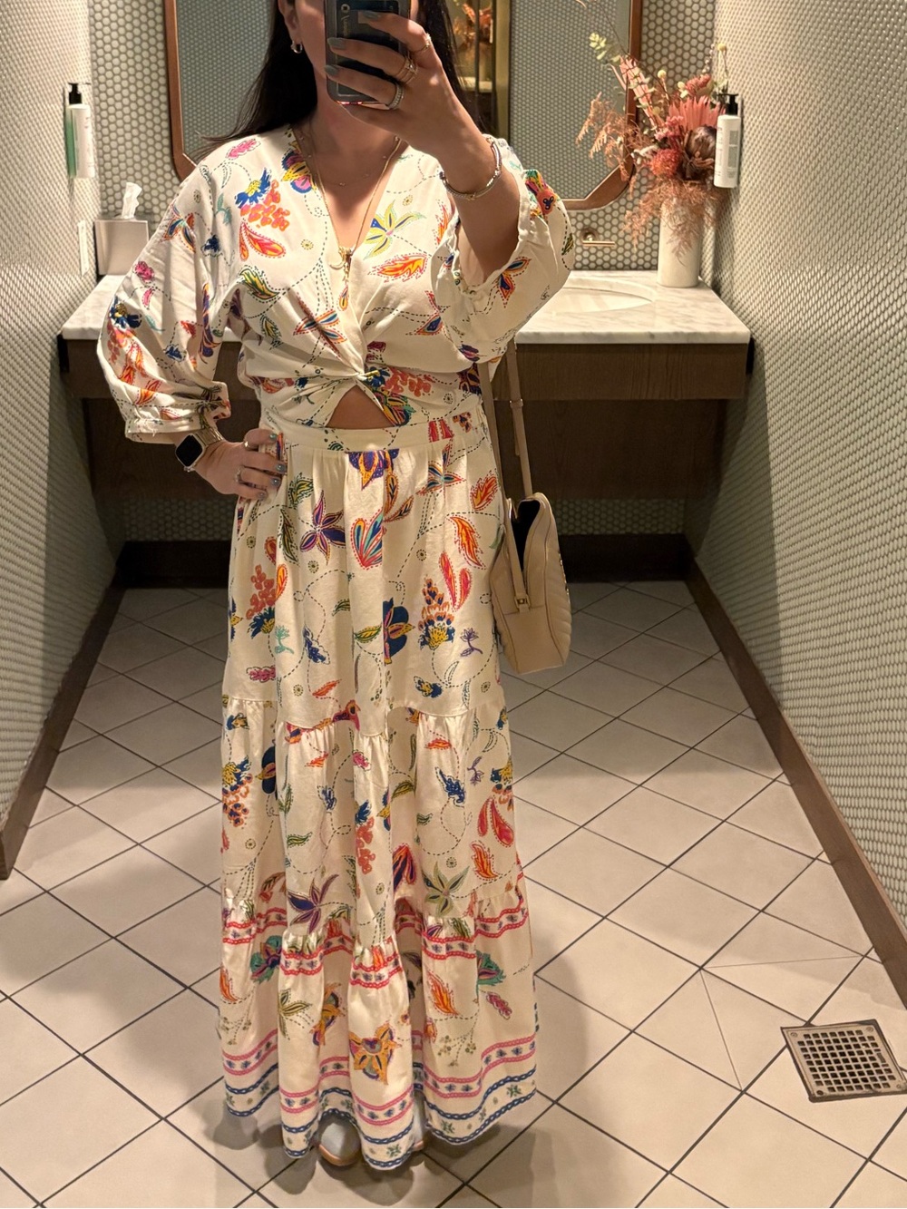 Sugarlips Ivory Maxi Dress with Multicolor Floral Print and Twist Front